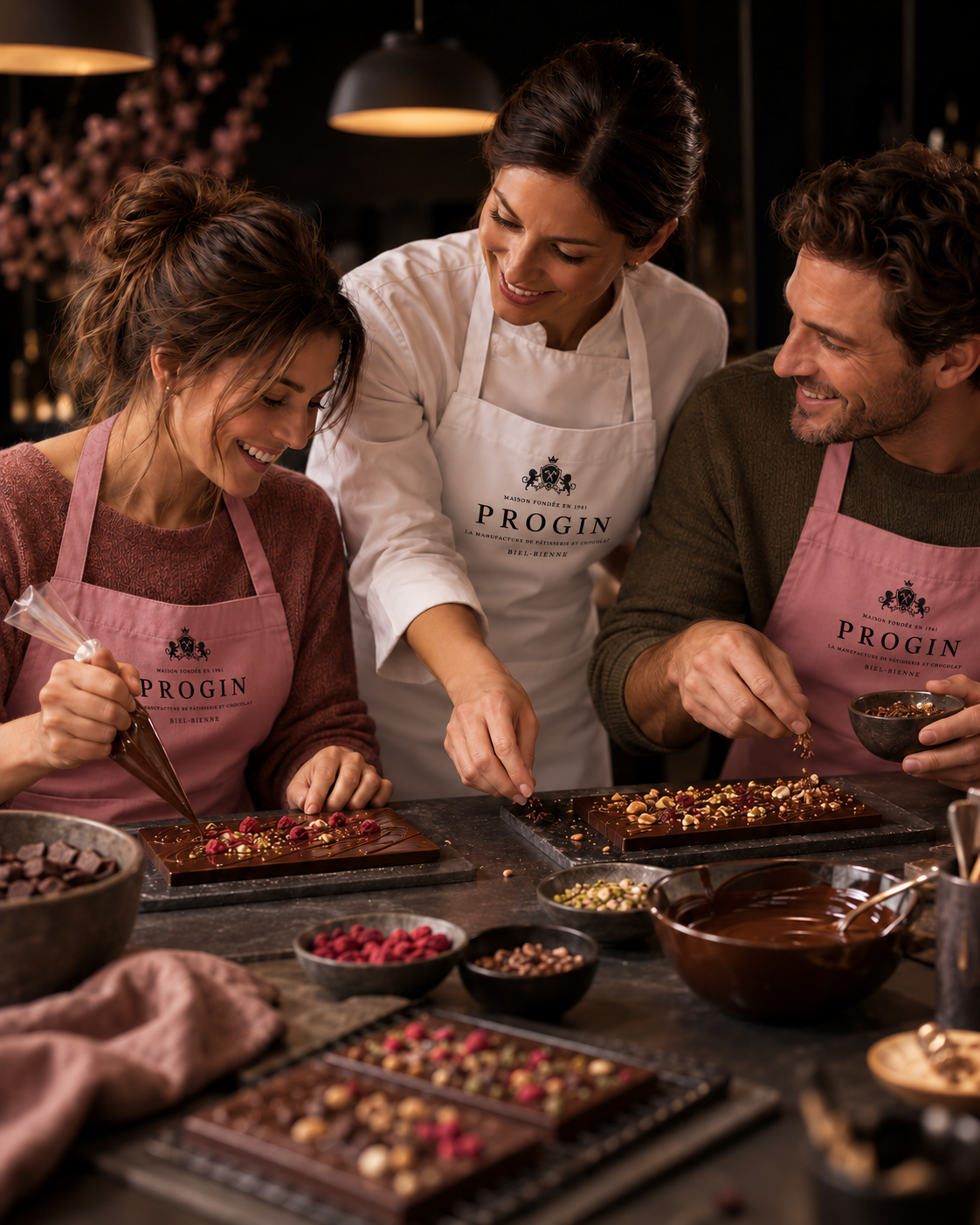 Guests decorating chocolate bars together with an instructor.
