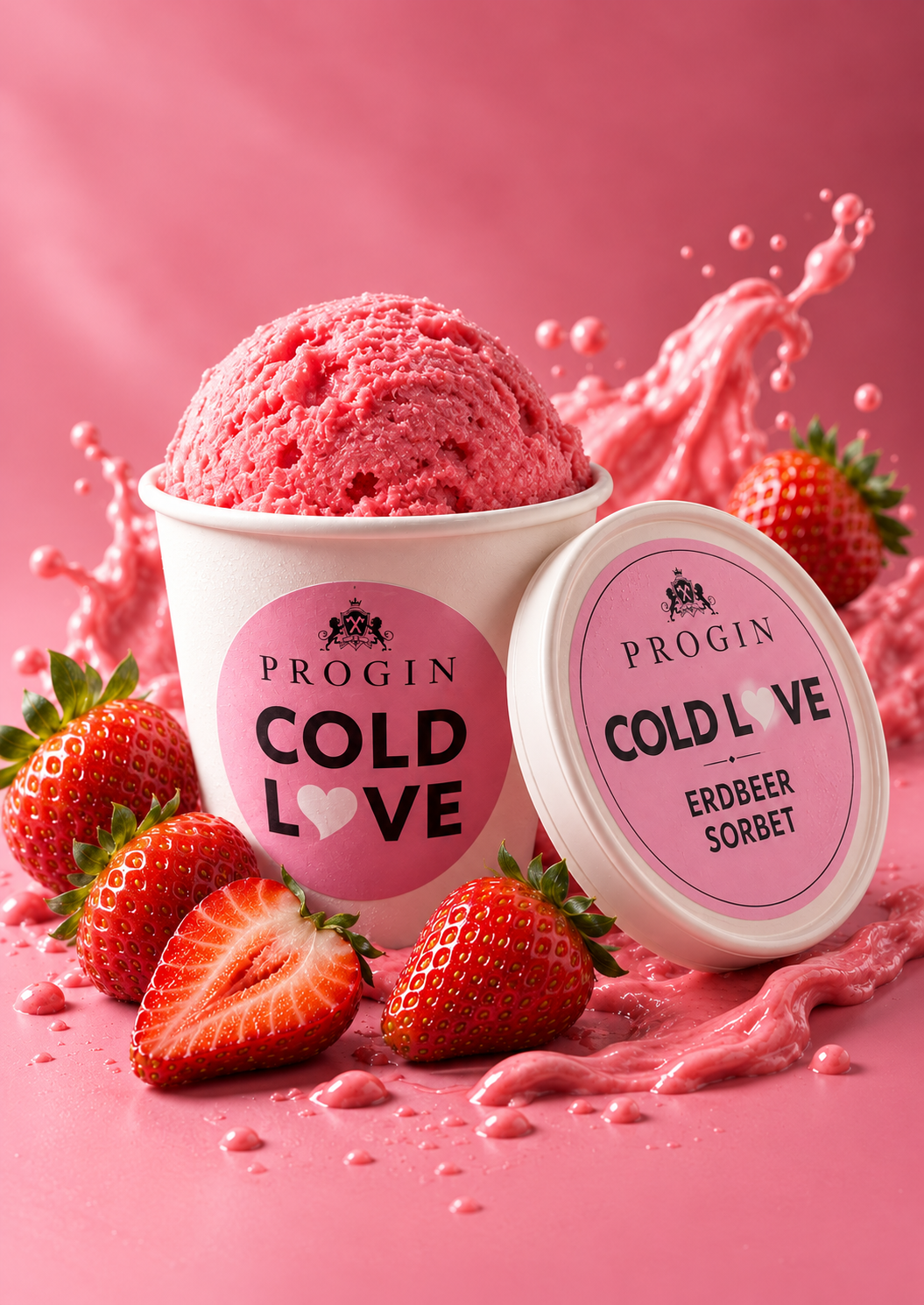COLD LOVE strawberry sorbet in a pink cup – PROGIN brand image