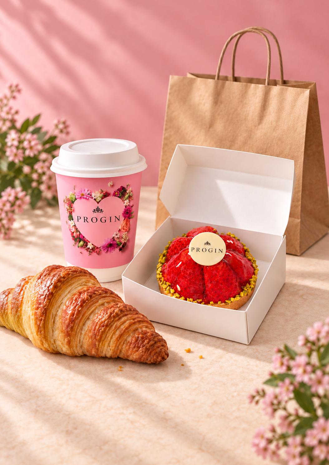 PROGIN Café und Lieferung – Kaffee, Erdbeertarte und Gipfeli im A4-Hochformat