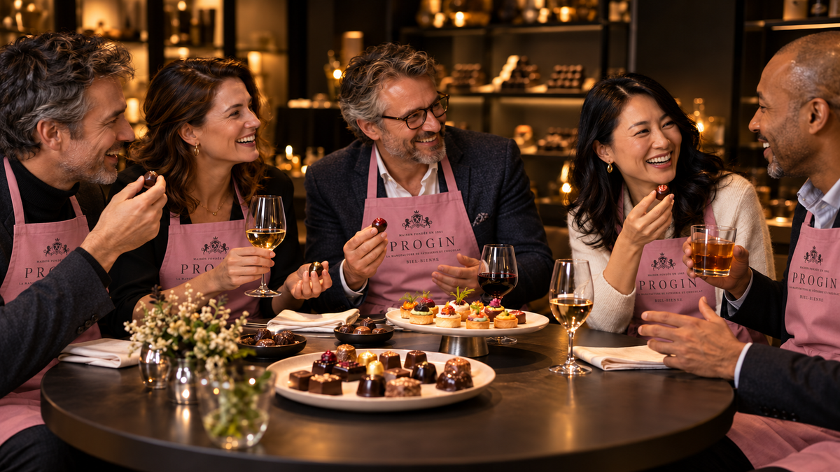 Colleagues sharing chocolate, canapés and drinks at an intimate evening gathering.