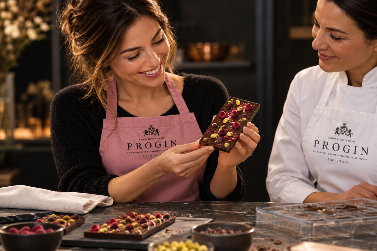 A smiling guest showing her decorated chocolate bar to an instructor.